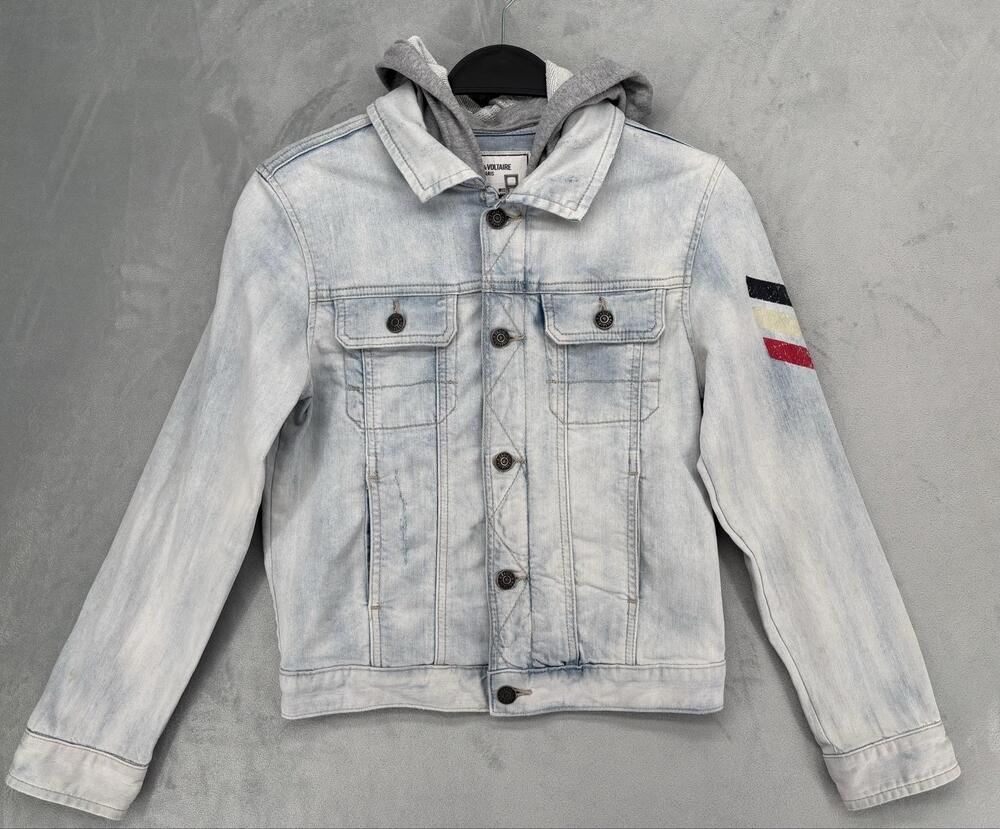 Zadig & Voltaire Jacket Womens S/M Light Blue Denim Hooded NOAH Embroidered Zip